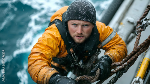 Sailor Braving Stormy Seas, Gripping Ropes,  Fighting Elements,  Admirably Persistent,  Ocean's Fury photo