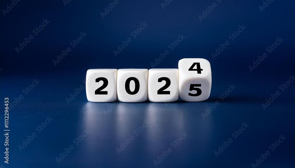 2025 number on on white cubes. Flipping 2024 to 2025 year. Change to new era. Dark blue background. 2025 number on on white cubes. Flipping 2024 to 2025 year. Change to new era. Dark blue background.
