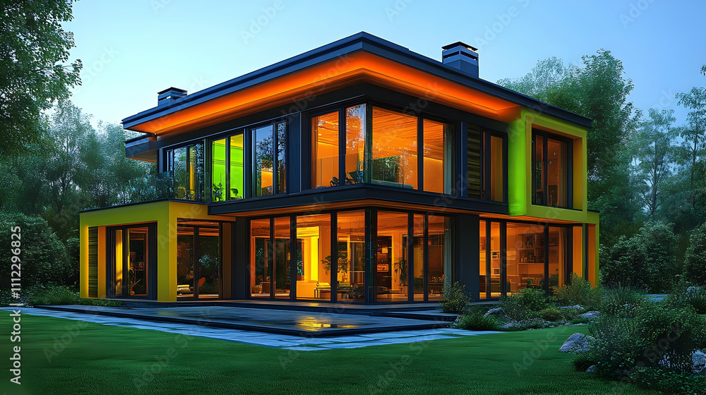 Modern House Design: Illuminated Glass Walls, Backyard Oasis at Dusk Modern House Design: Illuminated Glass Walls, Backyard Oasis at Dusk