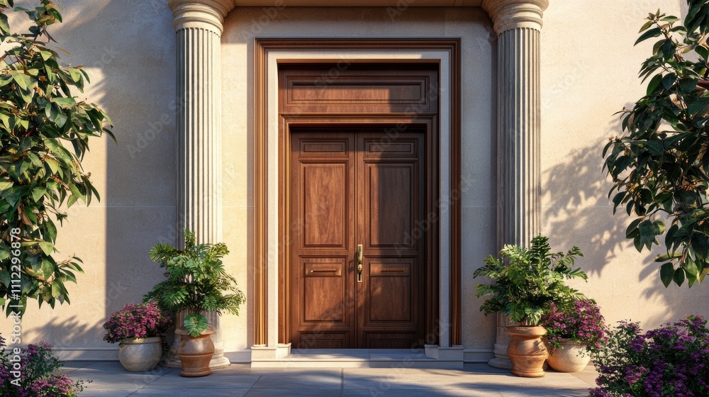 Elegant Wooden Entrance Door Surrounded by Lush Greenery and Colorful Flower Pots in a Sophisticated Architectural Setting Elegant Wooden Entrance Door Surrounded by Lush Greenery and Colorful Flower Pots in a Sophisticated Architectural Setting