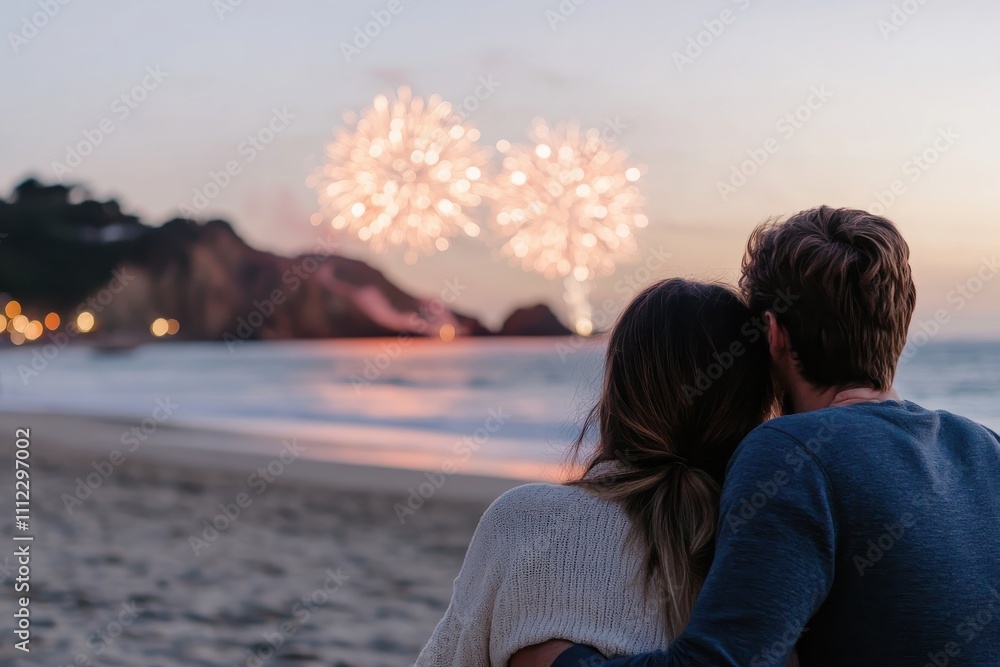 Fototapeta premium This stunning image captures a couple enjoying a breathtaking fireworks display at sunset, symbolizing love, celebration, and togetherness in a picturesque scene.