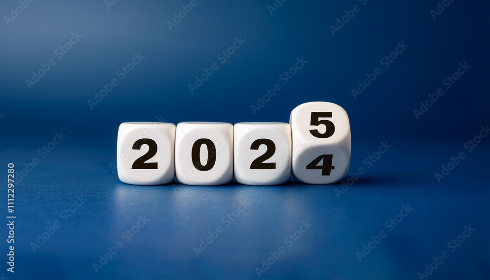 2025 number on on white cubes. Flipping 2024 to 2025 year. Change to new era. Dark blue background. 2025 number on on white cubes. Flipping 2024 to 2025 year. Change to new era. Dark blue background.