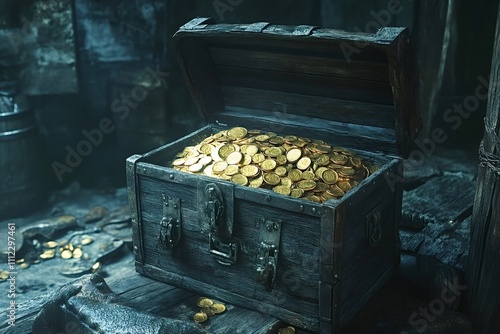 Old wooden treasure chest overflowing with countless gold coins sits in a dimly lit dungeon, evoking a sense of adventure, wealth, and mystery photo