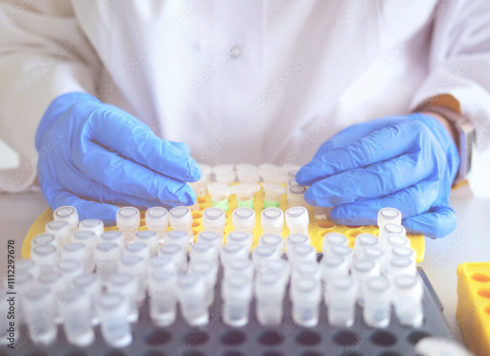 Laboratory scientist working at lab with medical samples. Laboratory concept, woman technician chemist works with test tubes. Medical diagnostics, research and genetic cancer science