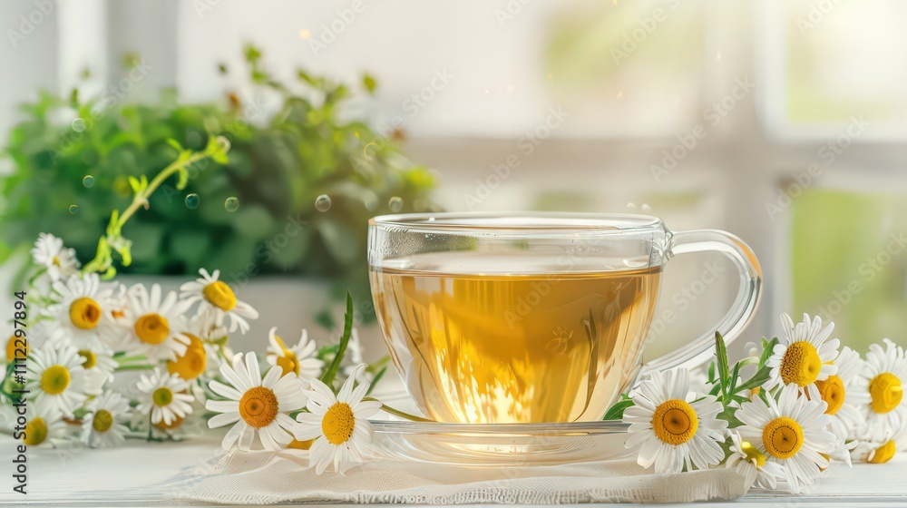 Cup of chamomile tea on white wooden table Cup of chamomile tea on white wooden table