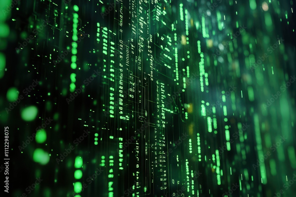 Abstract green digital code streams down. Illustrates data flow, technology, or AI concepts. Abstract green digital code streams down. Illustrates data flow, technology, or AI concepts.
