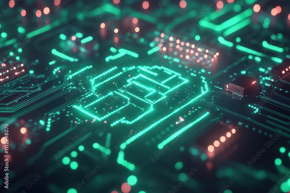 Obraz premium Glowing teal circuit board, intricate design. Ideal for tech, AI, and digital concepts; represents innovation.