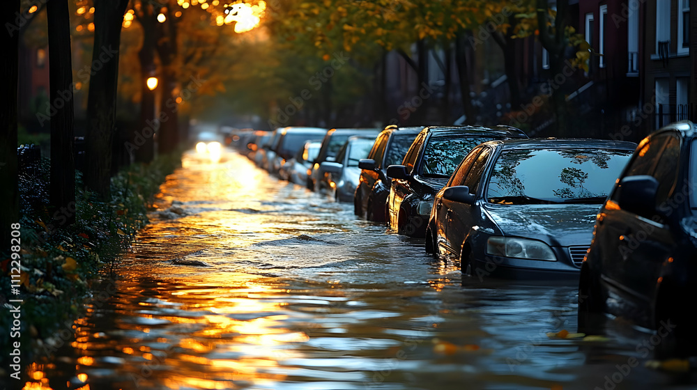 Cars Submerged in Floodwaters at Sunset, Urban Street Flooding Cars Submerged in Floodwaters at Sunset, Urban Street Flooding