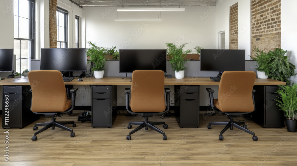 Modern office space with desks, computers, and plants creating vibrant atmosphere Modern office space with desks, computers, and plants creating vibrant atmosphere