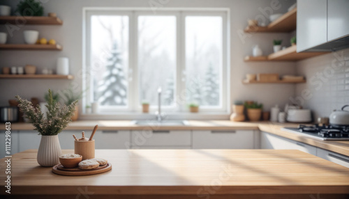 White wooden table on background of blurred kitchen in winter. Image for food blogger, ad campaign, post, banner or billboard. Bg cooking. Cooking in a modern stylish kitchen. Wooden countertop