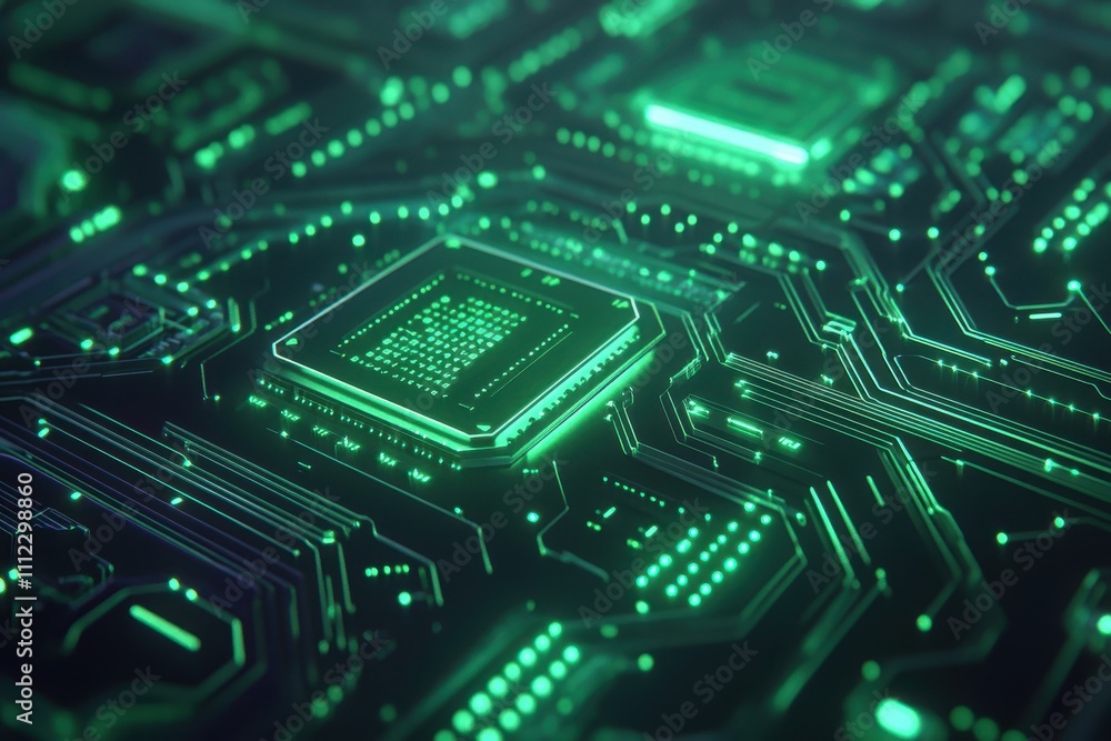 Close-up of glowing green circuit board. Illustrates technology, innovation, and computing power. Close-up of glowing green circuit board. Illustrates technology, innovation, and computing power.