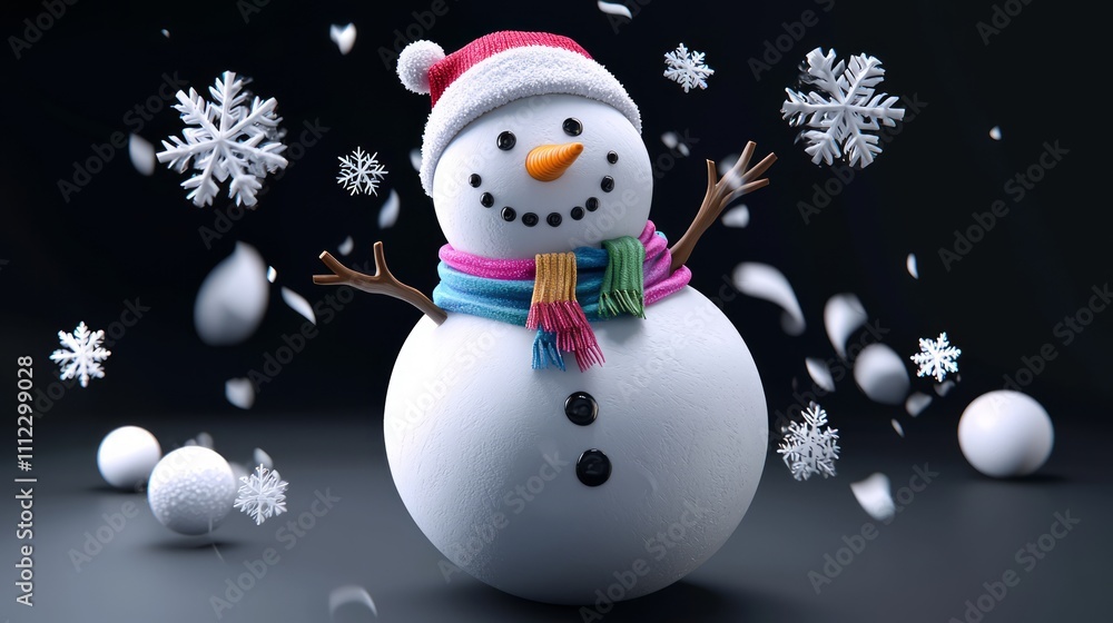 Fototapeta premium Dynamic Snowmen with Festive Spirit - 3D Render Digital Artwork on Isolated Dark Background with Cinematic Light