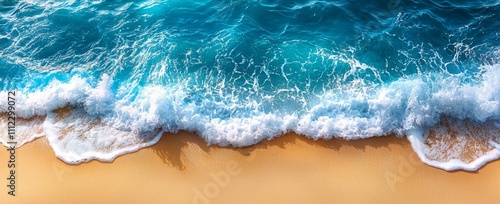 A contemporary 3D top view of a beach with waves, highlighting a realistic ocean shore pattern with white foam and bubbles on a golden surface, suitable for a tropical summer vacation banner.