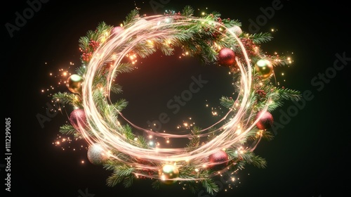 Illuminating Holiday Magic: Glowing Wreaths with Ornaments and Light Trails on Dark Background | Ultra-Detailed 3D Render with Cinematic Light Effects
