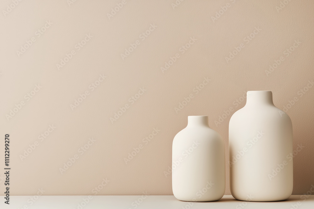 Two white ceramic vases creating a minimalist home decor on a beige background Two white ceramic vases creating a minimalist home decor on a beige background