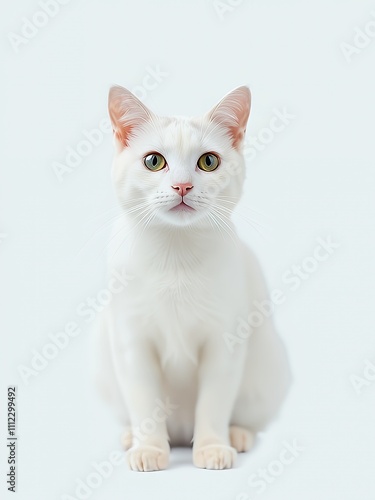 there is a white cat sitting on a white surface looking at the camera.