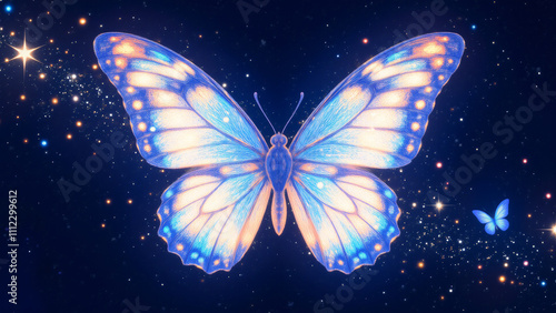 A beautifully illustrated butterfly with iridescent blue and white wings set against a dark starry background, perfect for fantasy themes and artistic designs. photo