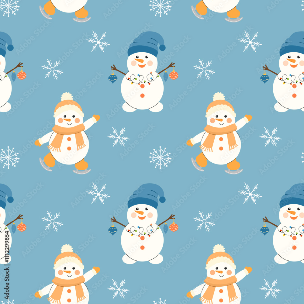 Christmas seamless pattern with a snowman in a hat, scarf and snowflakes. Cute snowman ice skating. Vector winter New Year background. Perfect for textiles, wallpaper or holiday design. Christmas seamless pattern with a snowman in a hat, scarf and snowflakes. Cute snowman ice skating. Vector winter New Year background. Perfect for textiles, wallpaper or holiday design.