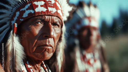 A noble portrait depicting a person wearing a ceremonial headdress amidst a natural setting, conveying a sense of dignity, tradition, and cultural continuity.