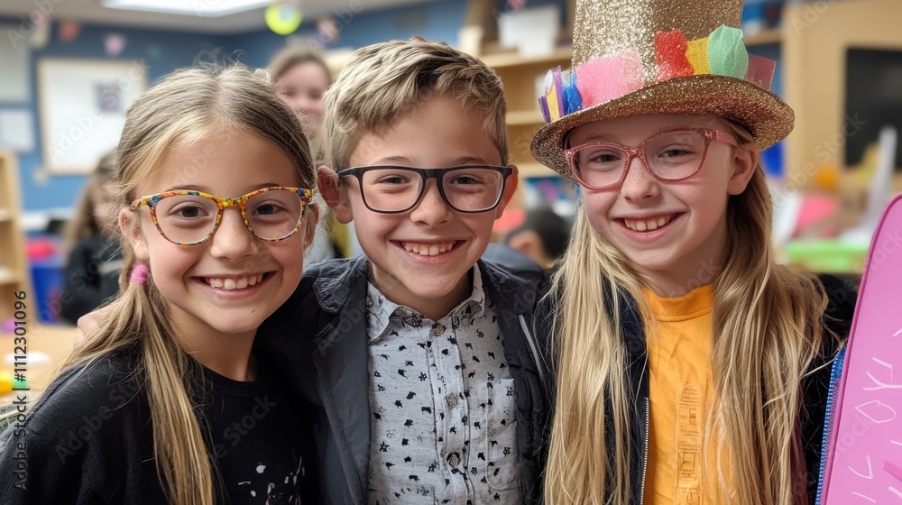 Group of Happy Children Smiling Together in a Classroom with Colorful Decorations, Reflecting Joy and Friendship in a Fun Learning Environment Group of Happy Children Smiling Together in a Classroom with Colorful Decorations, Reflecting Joy and Friendship in a Fun Learning Environment