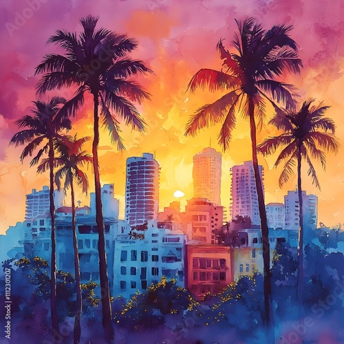 A painting of a city with palm trees and a sunset
