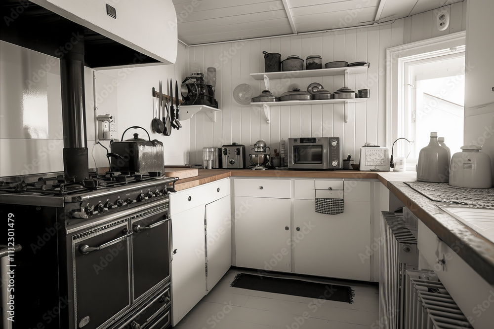 Fototapeta premium Cozy vintage-style kitchen with rustic decor, black stove, wooden countertops, and open shelving.