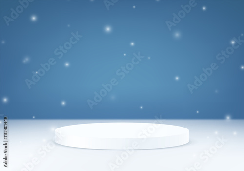Blue and white background vector 3d with snow and white podium. Christmas background. Space for selling products on the website. Vector illustration.