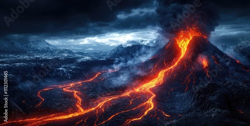 Wallpaper Mural Volcano erupting with flowing lava under a dramatic night sky. Torontodigital.ca