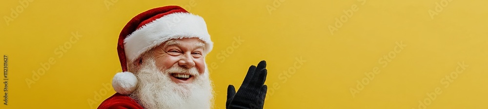 Smiling Santa Claus Waving Against Pastel Background, Close-Up Portrait Smiling Santa Claus Waving Against Pastel Background, Close-Up Portrait