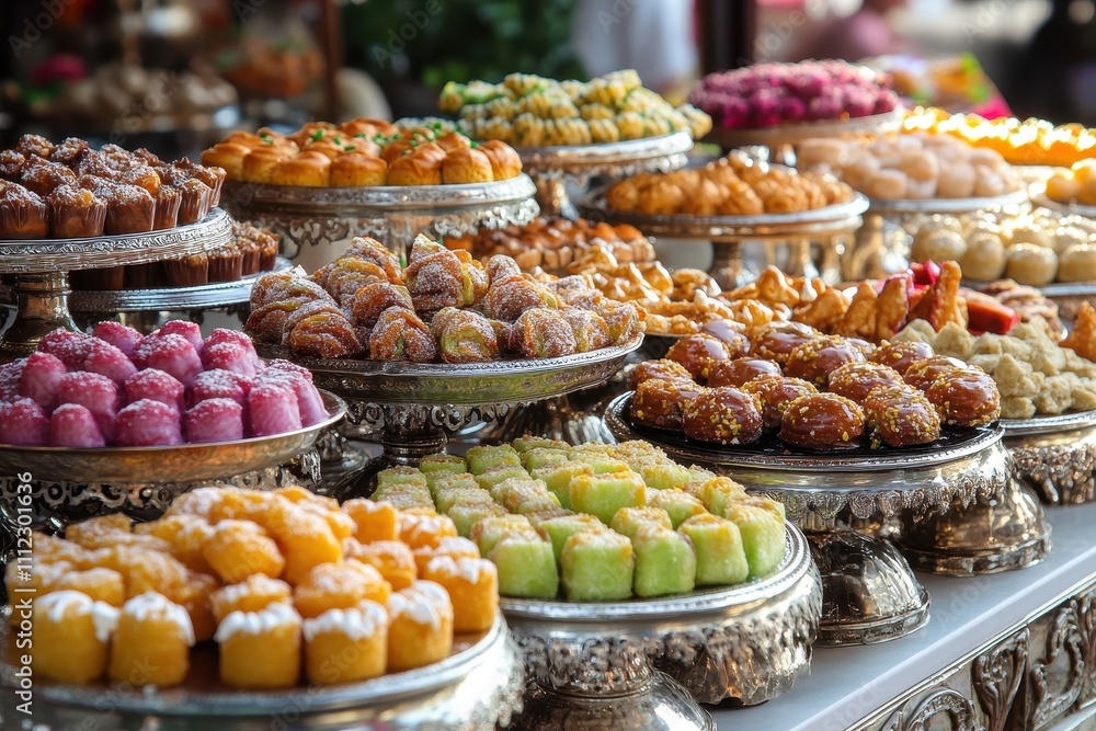 Varied colorful pastries and sweets on silver platters. A luxurious buffet display perfect for celebrations, events, or food blogs. Varied colorful pastries and sweets on silver platters. A luxurious buffet display perfect for celebrations, events, or food blogs.
