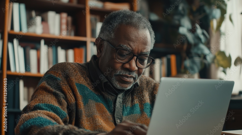 Thoughtful Senior Man Working on Laptop in Cozy Library Setting Surrounded by Books, Engaged in Study or Creative Project Thoughtful Senior Man Working on Laptop in Cozy Library Setting Surrounded by Books, Engaged in Study or Creative Project