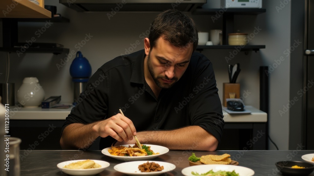 Food blogger uninterested, poorly styled dishes, harsh lighting, outdated equipment, bland workspace, no colors or creativity, boring and lifeless scene Food blogger uninterested, poorly styled dishes, harsh lighting, outdated equipment, bland workspace, no colors or creativity, boring and lifeless scene