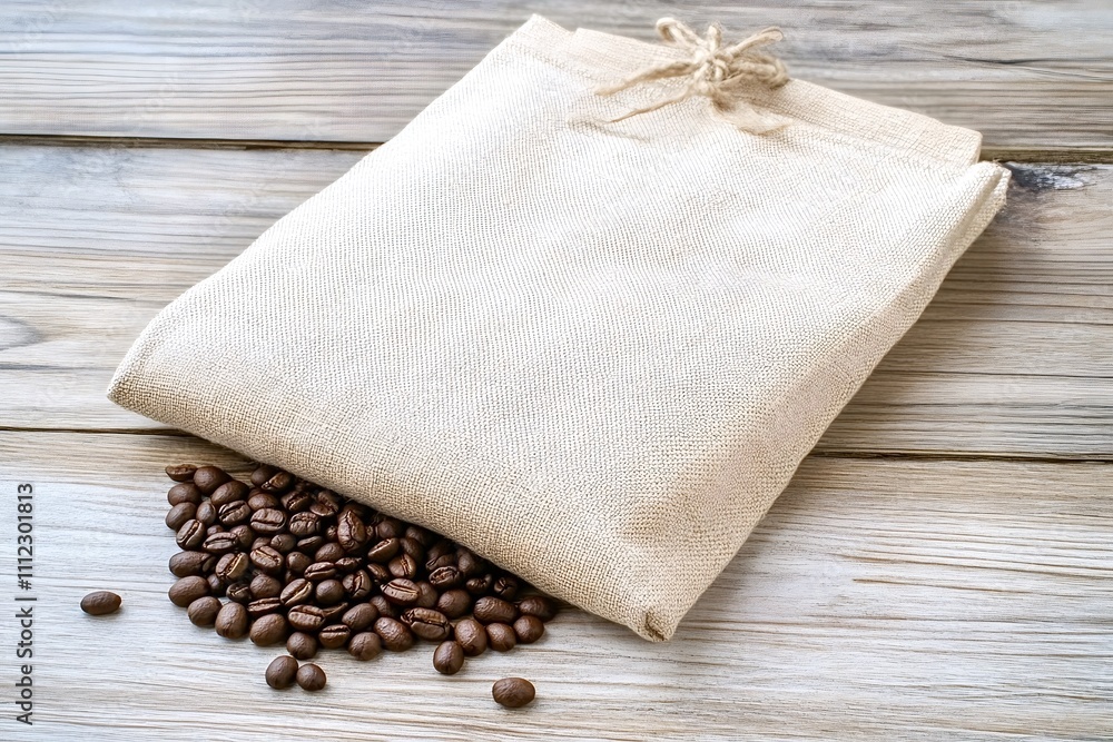 Roasted coffee beans are spilling from a small burlap sack tied with twine, resting on a rustic wooden table, creating a cozy and aromatic scene Roasted coffee beans are spilling from a small burlap sack tied with twine, resting on a rustic wooden table, creating a cozy and aromatic scene