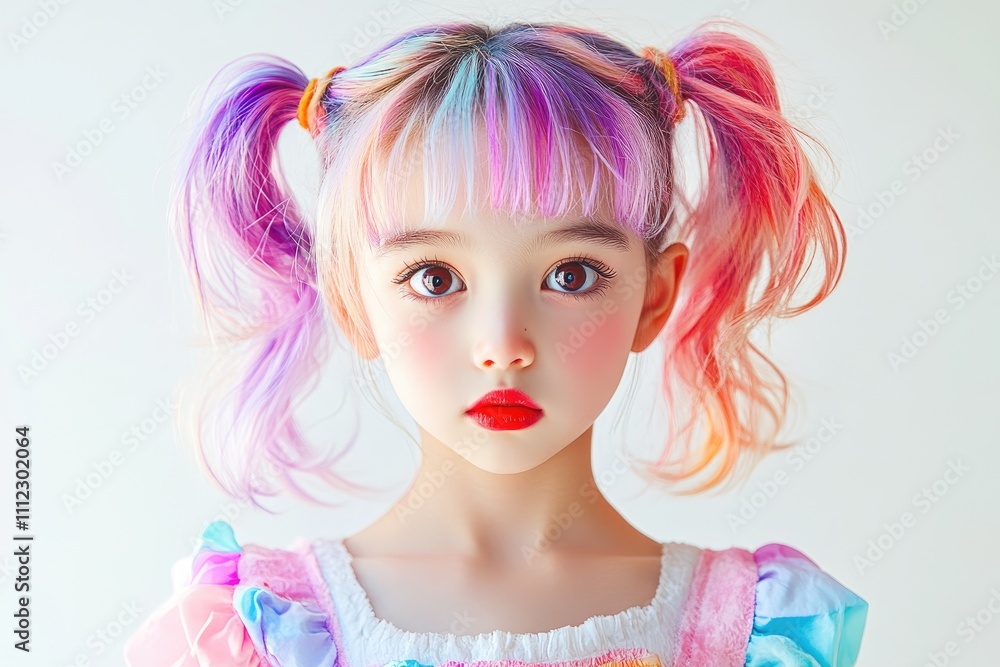 A cute girl with colorful hair, against a white background, wearing pink and purple double ponytails A cute girl with colorful hair, against a white background, wearing pink and purple double ponytails
