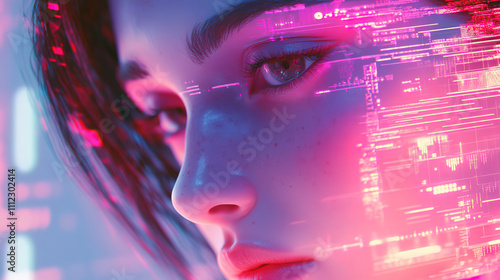 Digital portrait of a woman with glowing patterns reflecting in her skin and hair in a futuristic setting. Generative AI
