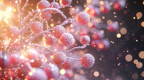 Enchanting Winter Berries with Frost and Sparkle - Holiday Decorations in 3D Rendered Artwork on Dark Background