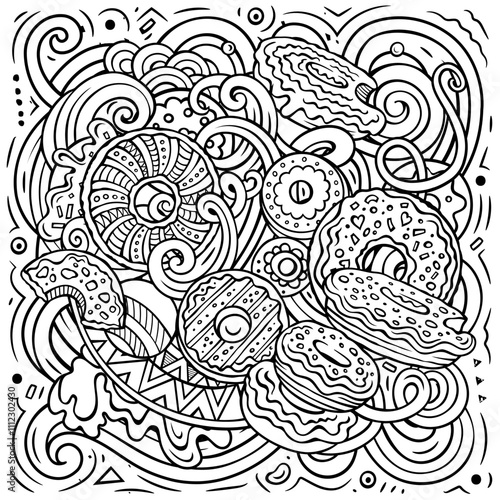 Donuts vector doodles illustration. Sweets poster design. Doughnut elements and objects cartoon background