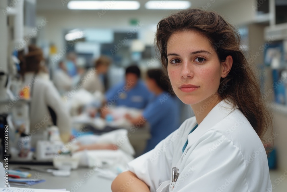 A young nurse, deeply engaged in her hospital duties, portrays determination and professionalism within a busy healthcare setting filled with colleagues attending patients. A young nurse, deeply engaged in her hospital duties, portrays determination and professionalism within a busy healthcare setting filled with colleagues attending patients.