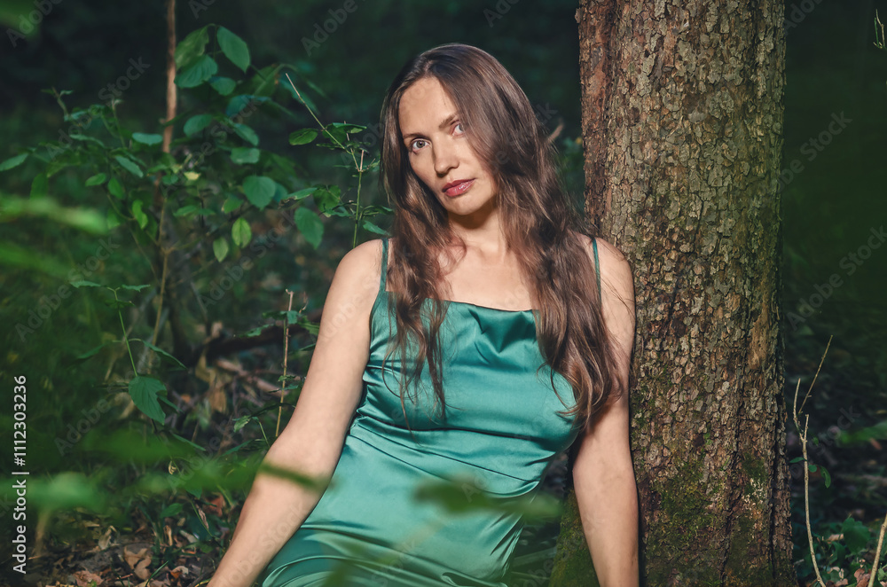 Fototapeta premium Relaxed woman, resting near tree with rough trunk and bark, looks into camera, tilting head to side.