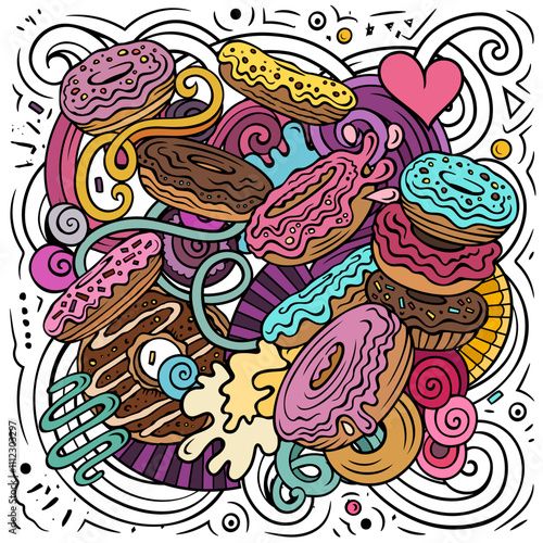 Donuts vector doodles illustration. Sweets poster design. Doughnut elements and objects cartoon background