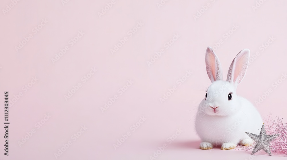 Obraz premium A cute white rabbit sits on a soft pink background, exuding charm and innocence, perfect for spring or Easter-themed decorations.