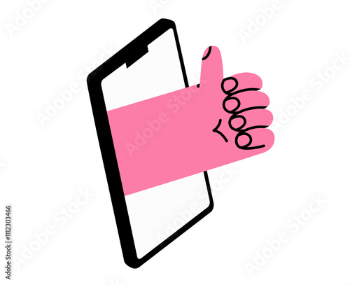Hand drawn cute cartoon illustration of hand from phone screen with like gesture. Flat vector thumbs up arm sign doodle. Okay or positive message. Social media agree emoji icon or sticker. Isolated.