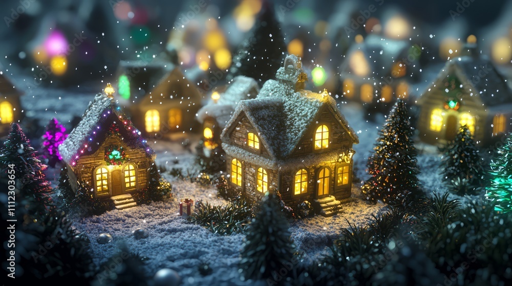 Enchanting 3D Christmas Village with Glowing Windows and Dynamic Snowfall in Ultra-Detailed Cinematic Light on Dark Background Enchanting 3D Christmas Village with Glowing Windows and Dynamic Snowfall in Ultra-Detailed Cinematic Light on Dark Background