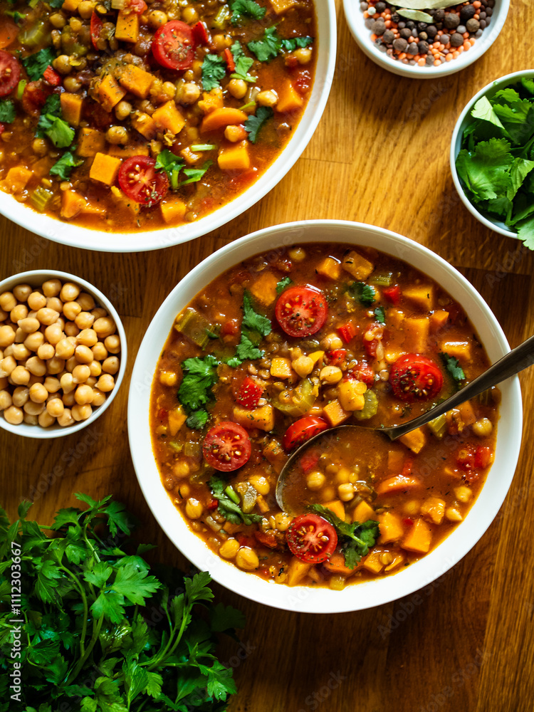 Fresh vegetable soup with lentil on wooden table Fresh vegetable soup with lentil on wooden table