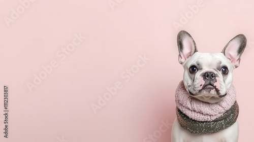 Wallpaper Mural A stylish French Bulldog wearing a cozy scarf poses against a soft pink background, exuding charm and cuteness. Torontodigital.ca