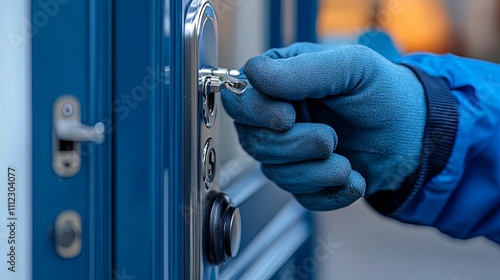 Gloved Hand Using Key To Unlock Blue Door