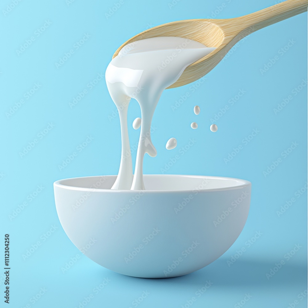 A blue-hued background with a white bowl, spoon, and a droplet of white material. A blue-hued background with a white bowl, spoon, and a droplet of white material.