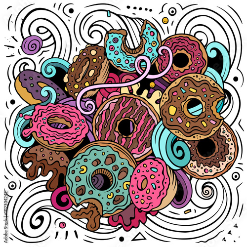 Donuts hand drawn vector doodles illustration.