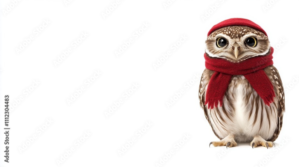 Fototapeta premium A cute owl wearing a red scarf, showcasing a whimsical and cozy vibe, perfect for winter themes and festive decorations.