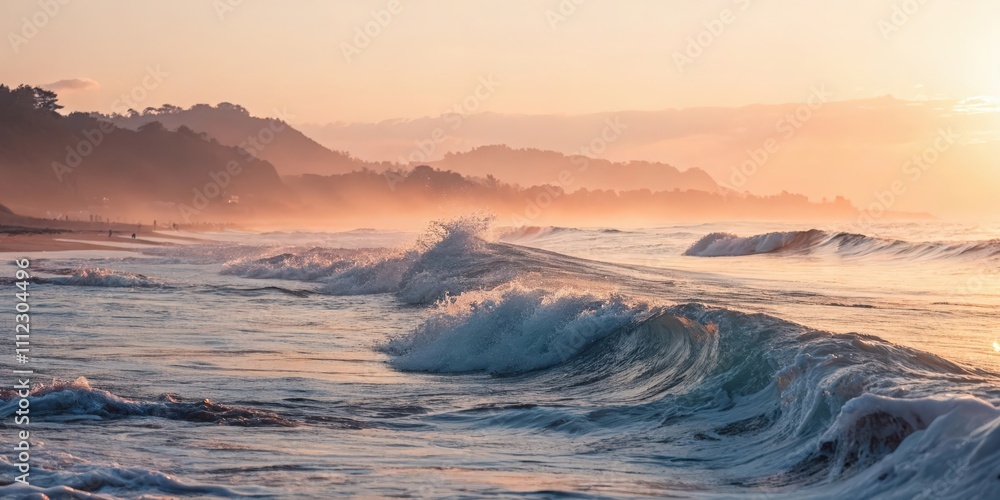 Naklejka premium Tranquil Beach Scene at Sunrise with Golden Light